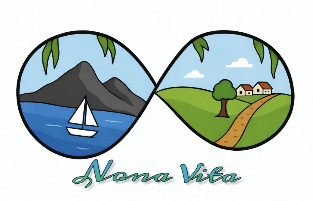 Izvorni logo Nona Vita: more i seoski krajolik povezani znakom beskonačnosti